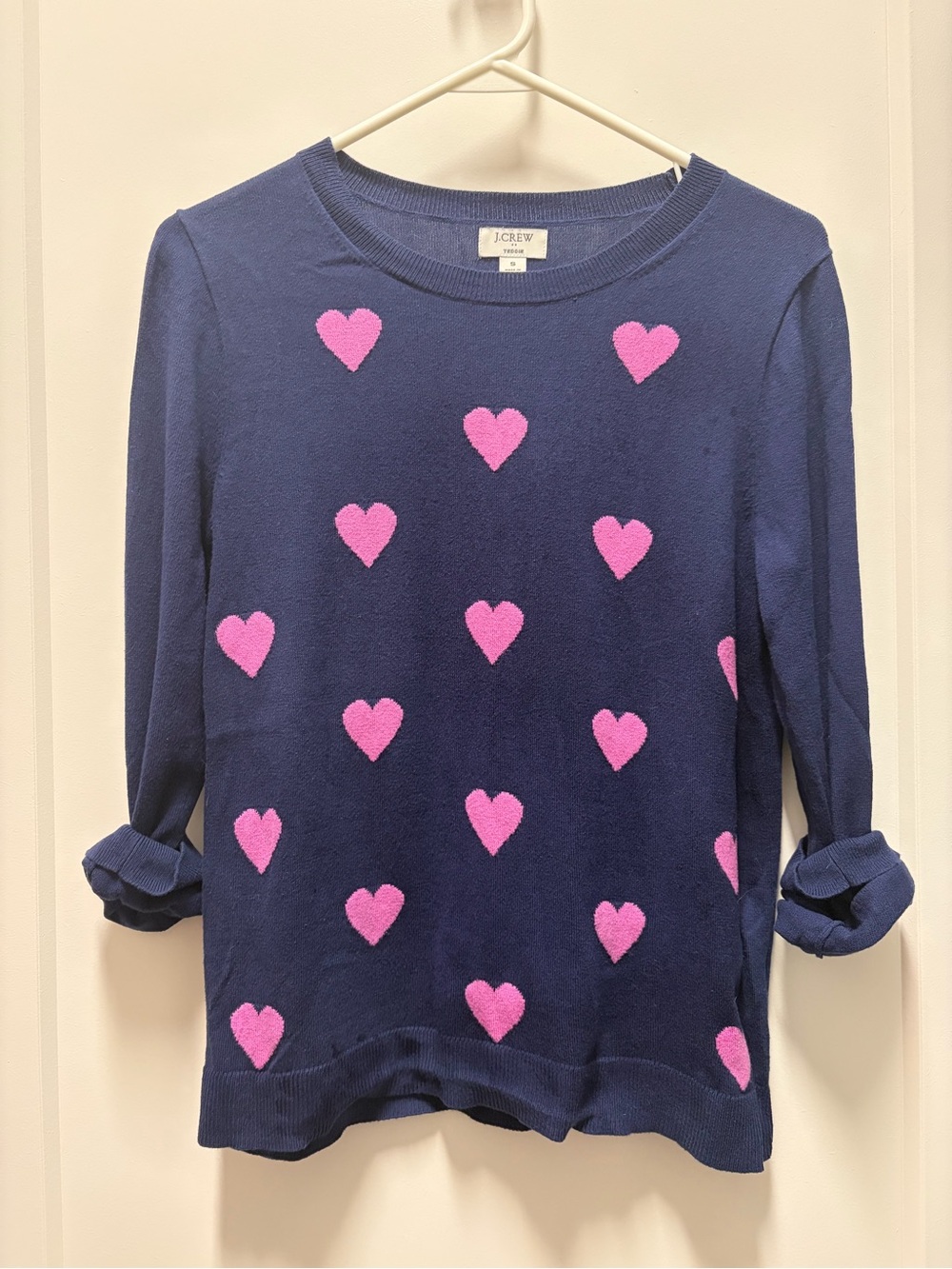 J. Crew Factory Women’s Navy Teddie Sweater with Pink Heart Pattern Size Small